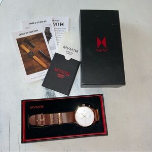 MVMT Voyager Rosewood Men's Watch Brown Leather Band Rose Gold Case Dual Time